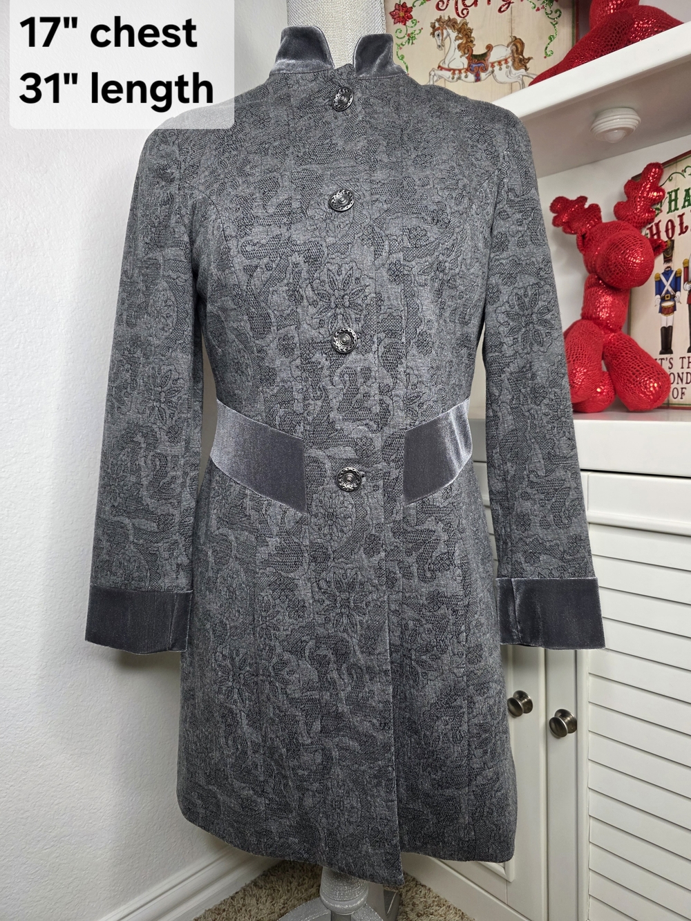 Coldwater Creek Gray Jaquard Velvet Trimmed Riding Coat